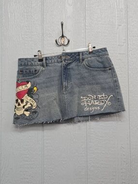 GUC Size Large Ed Hardy Light Blue Denim Jean Mini Skirt
